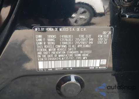 2020 Honda Hr-V Awd Lx from USA, damaged, VIN 3CZRU6H34LM735797